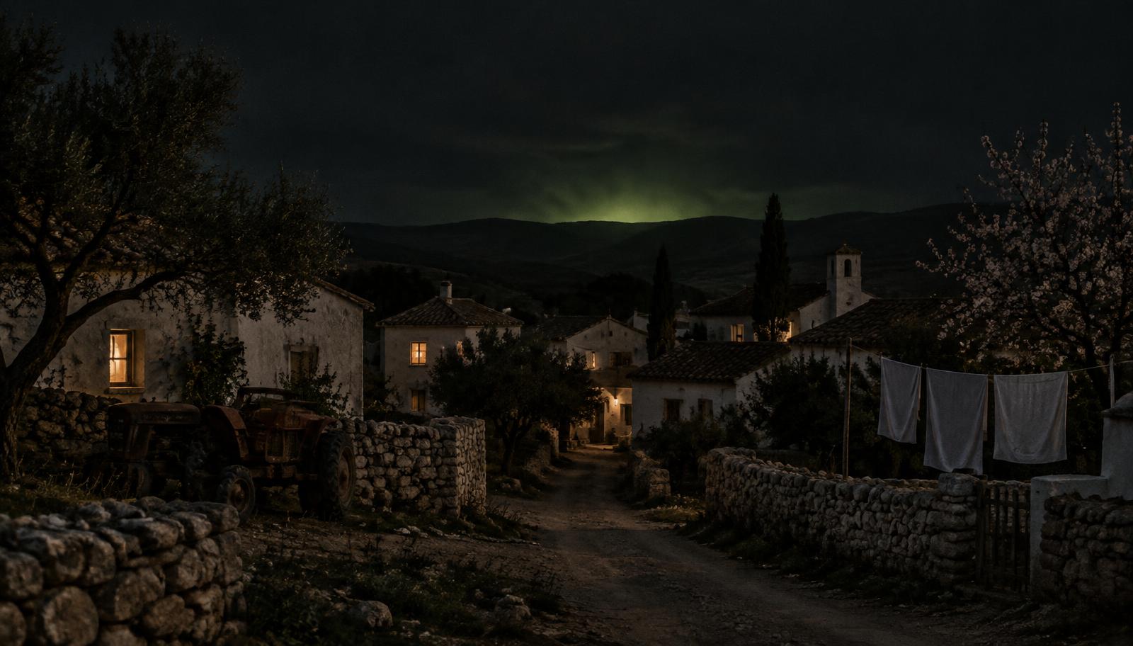 Imagen conceptual: un pueblo rural de noche, con una luz verde en el horizonte